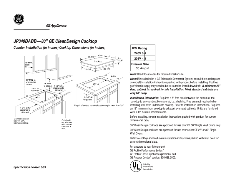 Page 1 de la notice Fiche technique GE JP340BABB