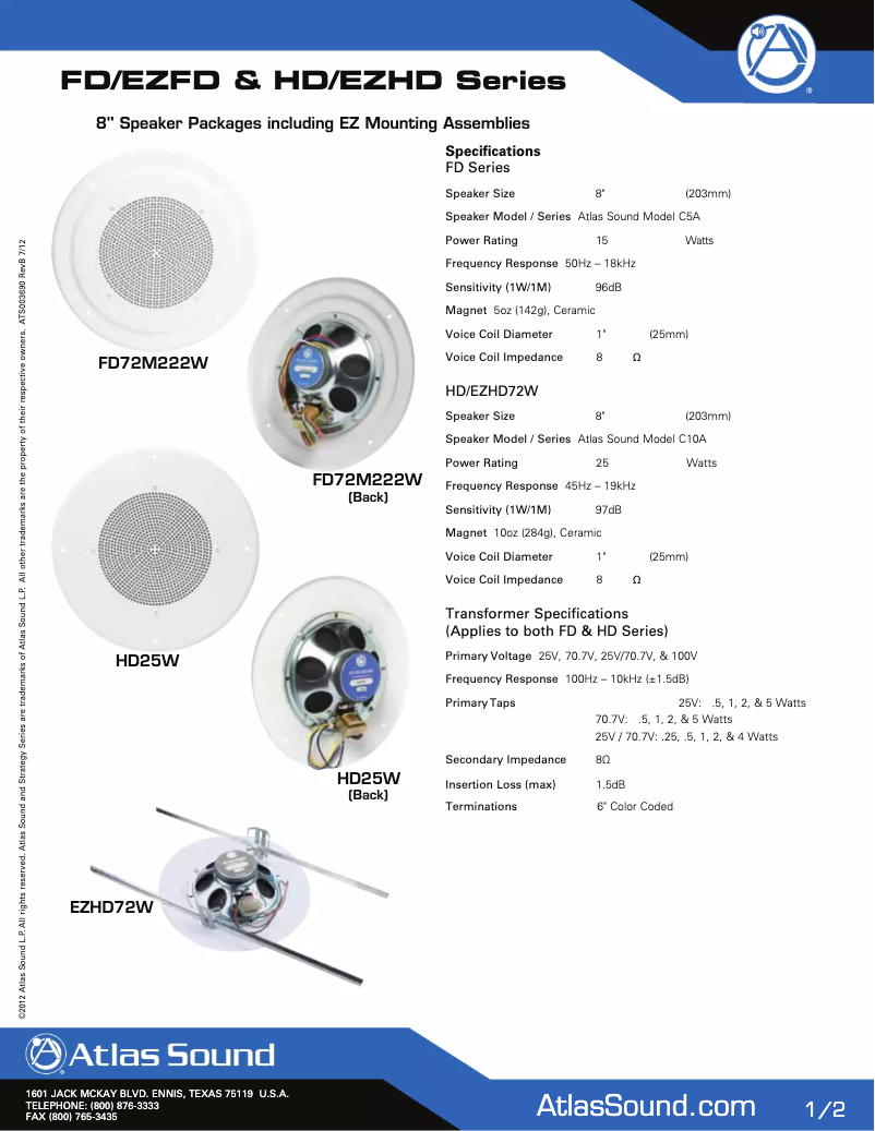 Page n°1 - Manuel utilisateur Atlas Sound EZHD72W