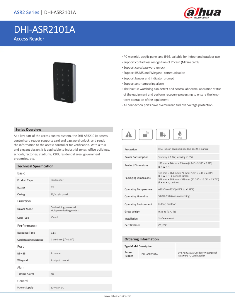 Page 1 de la notice Fiche technique Dahua Technology ASR2101A-D