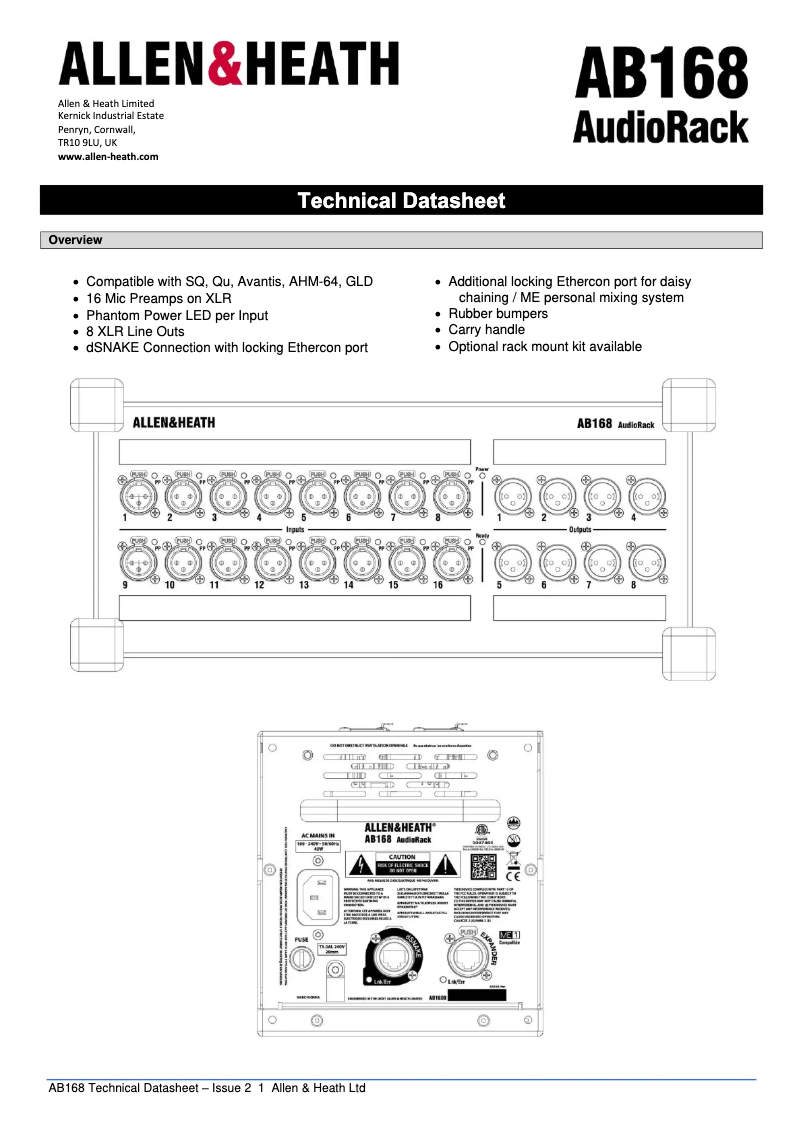 Page 1 de la notice Fiche technique Allen & Heath AB168