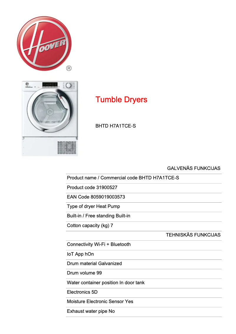 Image de la première page du manuel de l'appareil BHTD H7A1TCE-S