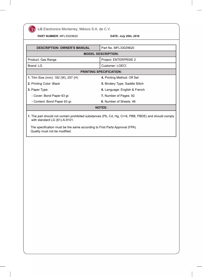 Page 1 de la notice Manuel utilisateur LG LRG3081BD