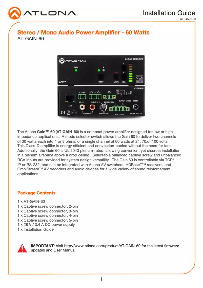 Imagen de la primera página del manual del dispositivo AT-GAIN-60