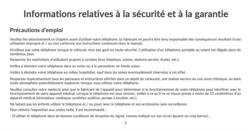 Page 1 de la notice Instructions de sécurité Alcatel 2020