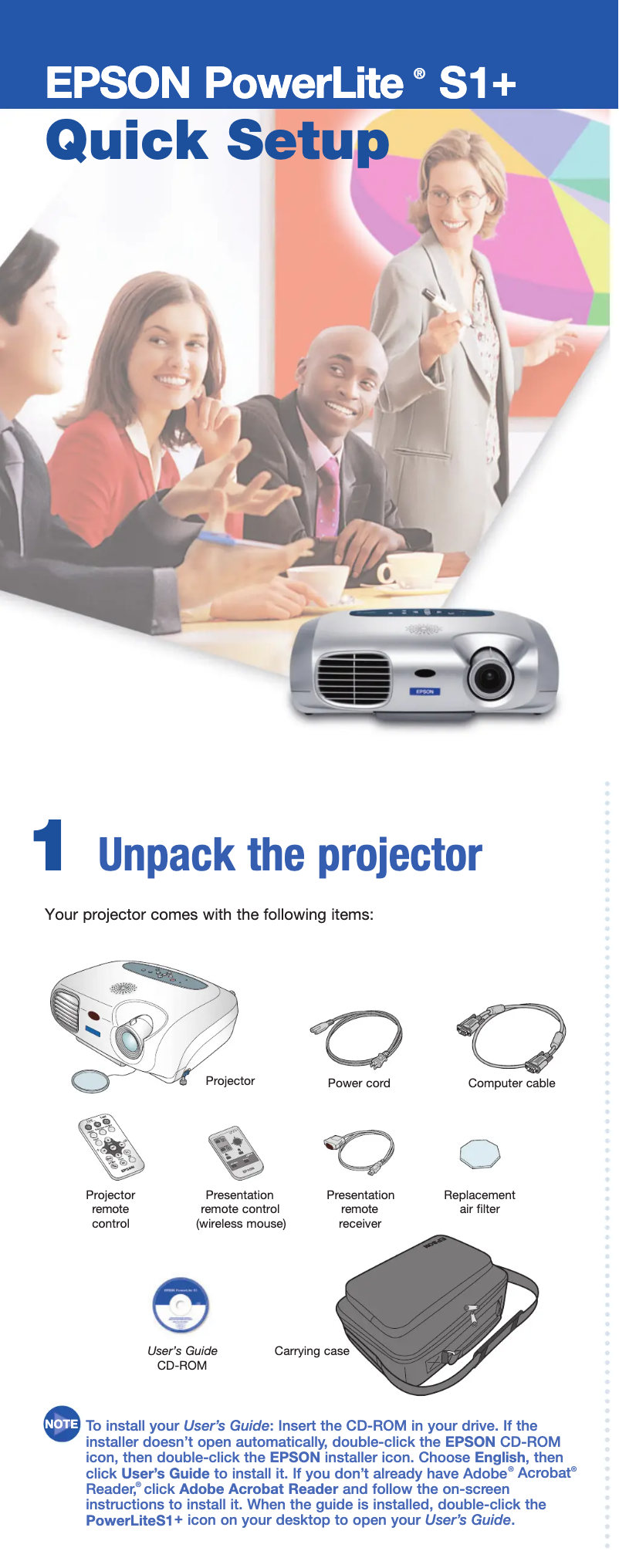 Imagen de la primera página del manual del dispositivo PowerLite S1+