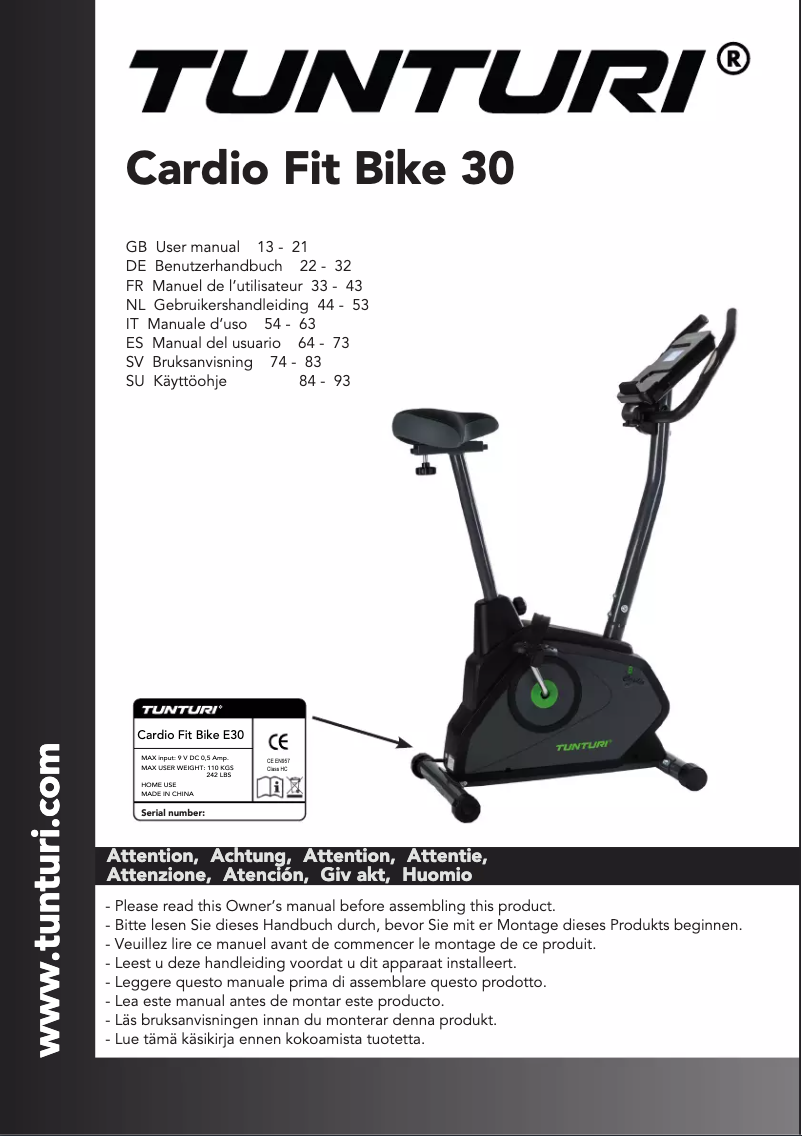 Page n°1 - Manuel utilisateur Tunturi Cardio Fit E30