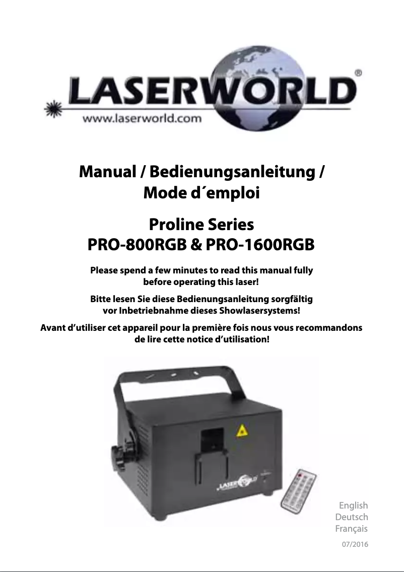 Page 1 de la notice Manuel utilisateur Laserworld PRO-1600RGB