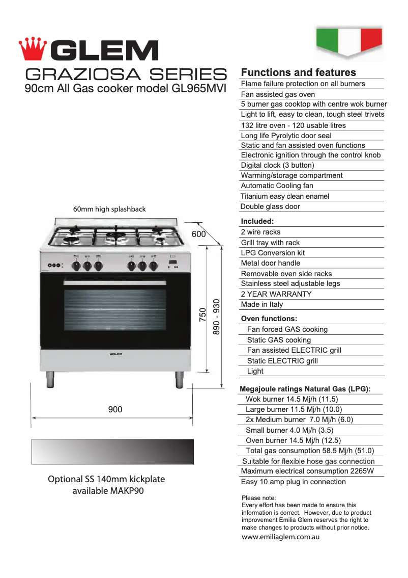 Page n°1 - Fiche technique Glem Gas GL965MVI