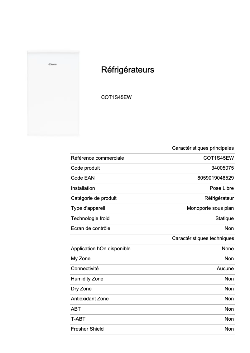 Page 1 de la notice Fiche technique Candy COT1S45EW