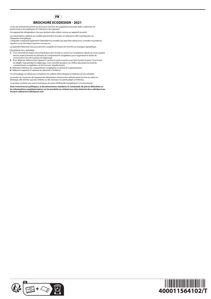 Page 1 de la notice Fiche technique Whirlpool W 204 FO