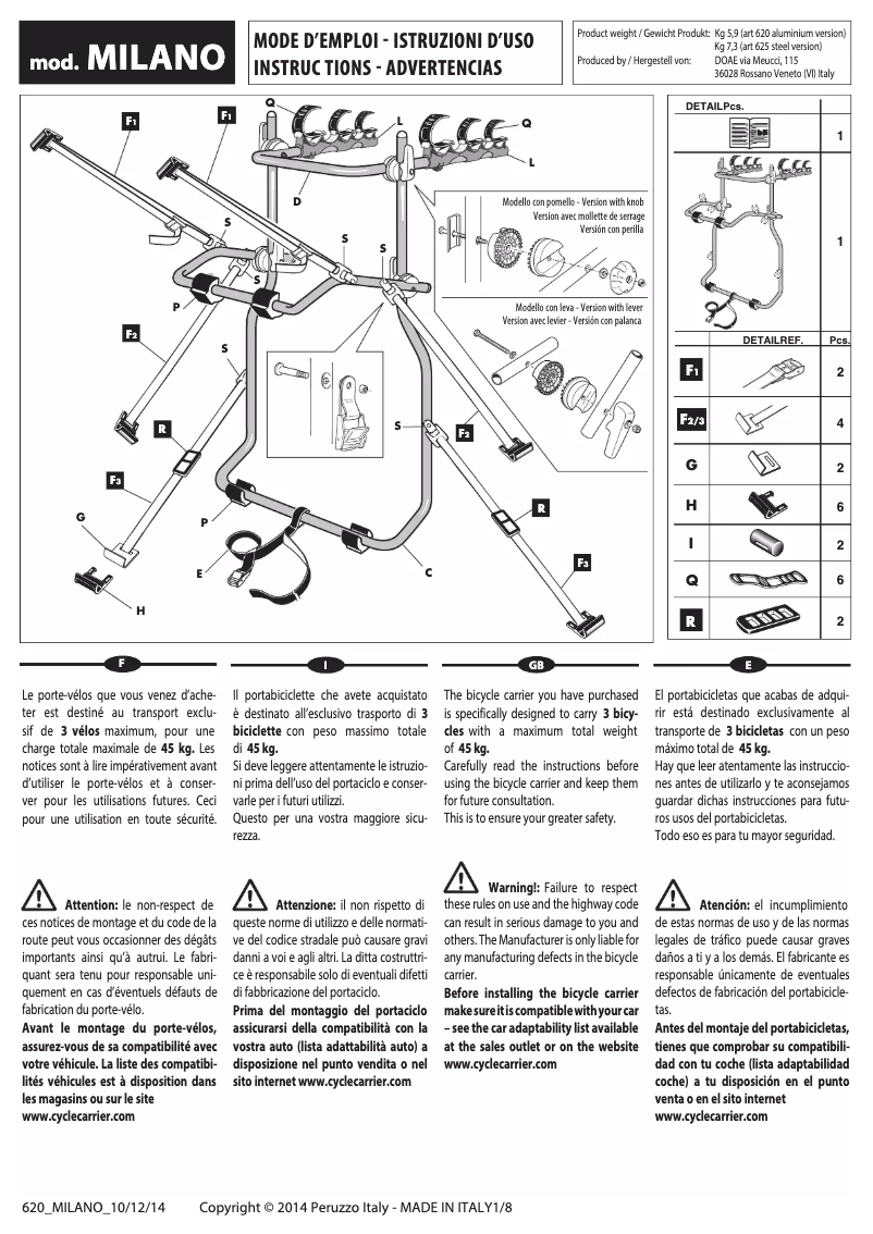 Page 1 de la notice Manuel utilisateur Peruzzo Milano