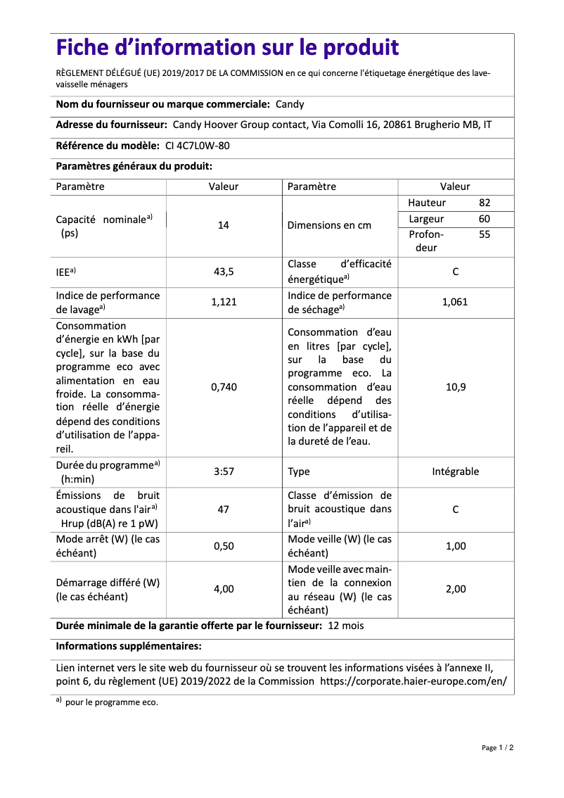Page n°1 - Fiche technique Candy CI 4C7L0W-80