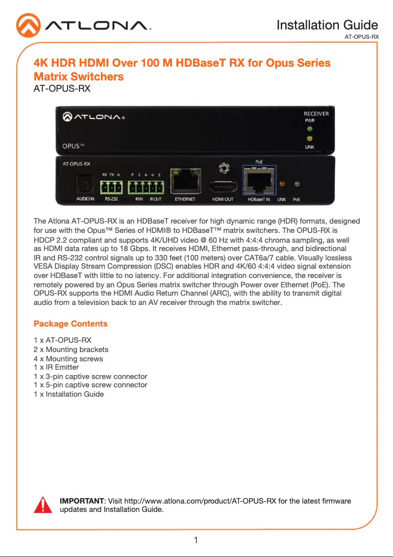 Page n°1 - Manuel utilisateur Atlona AT-OPUS-RX