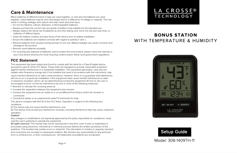 Page 1 de la notice Manuel utilisateur La Crosse Technology 308-1409TH-11