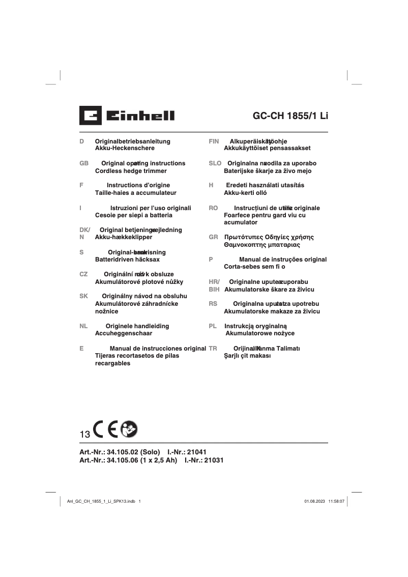 Page 1 de la notice Manuel utilisateur Einhell GC-CH 1855/1 Li-Solo