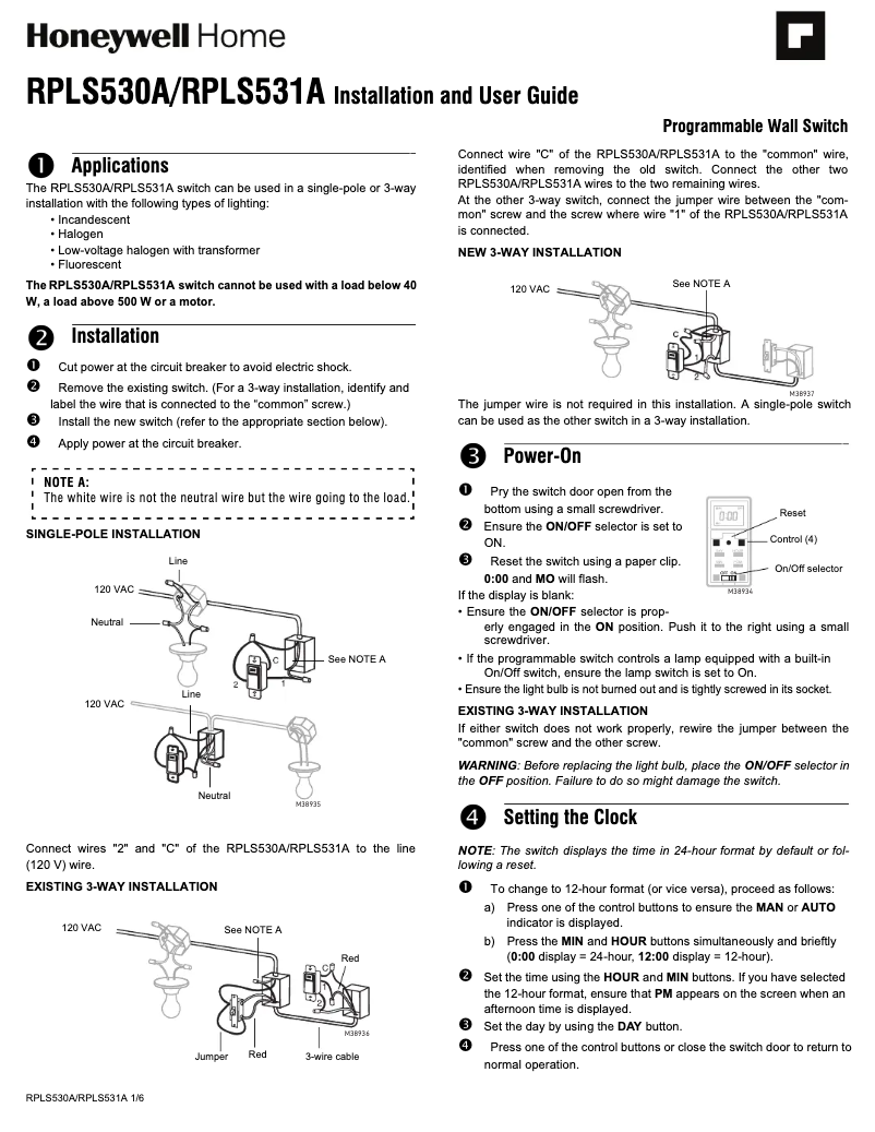Page n°1 - Manuel utilisateur Honeywell RPLS530A1038