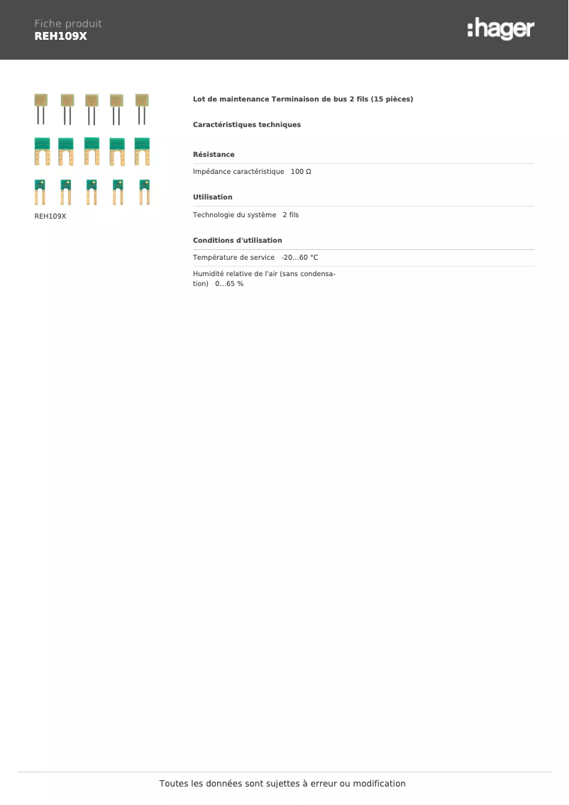 Page 1 de la notice Fiche technique Hager REH109X