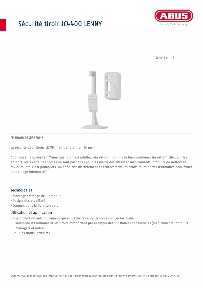 Page 1 de la notice Fiche technique Abus JC4400