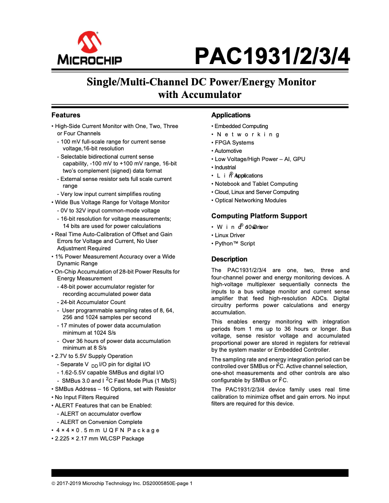 Page 1 de la notice Fiche technique Microchip PAC1932