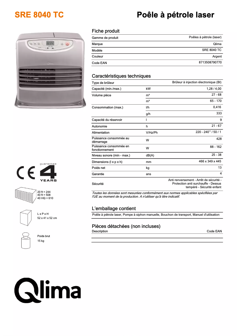 Page n°1 - Fiche technique Qlima SRE 8040 TC
