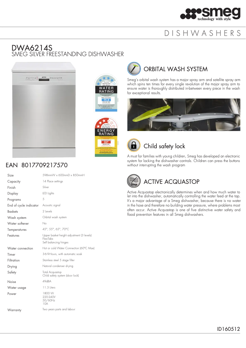 Page n°1 - Fiche technique Smeg DWA6214S