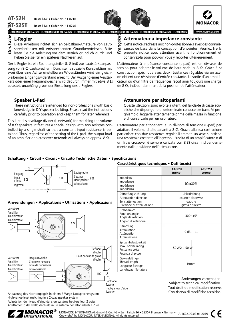 Page n°1 - Manuel utilisateur Monacor AT-52H