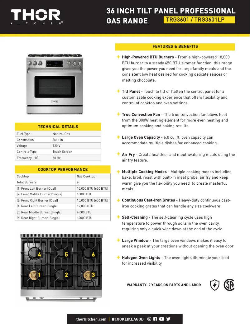 Página 1 del manual Ficha técnica Thor TRG3601LP
