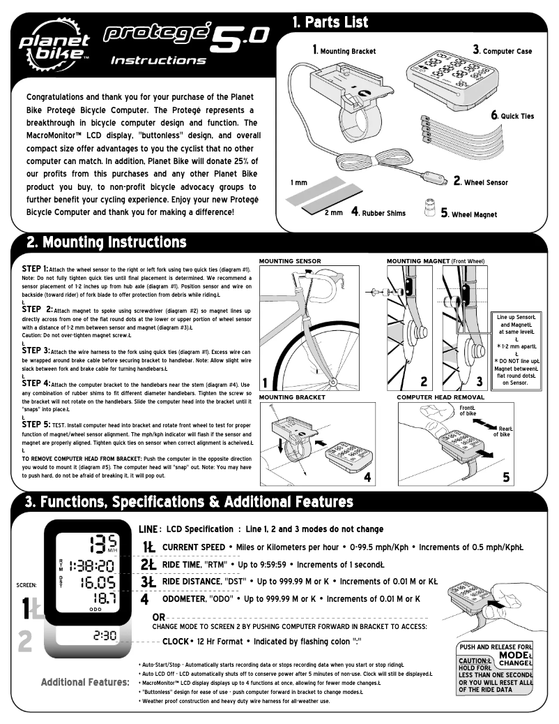 Page 1 de la notice Manuel utilisateur Planet Bike Protege 5.0
