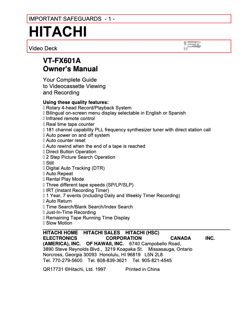 Page 1 de la notice Manuel utilisateur Hitachi VT-FX601A