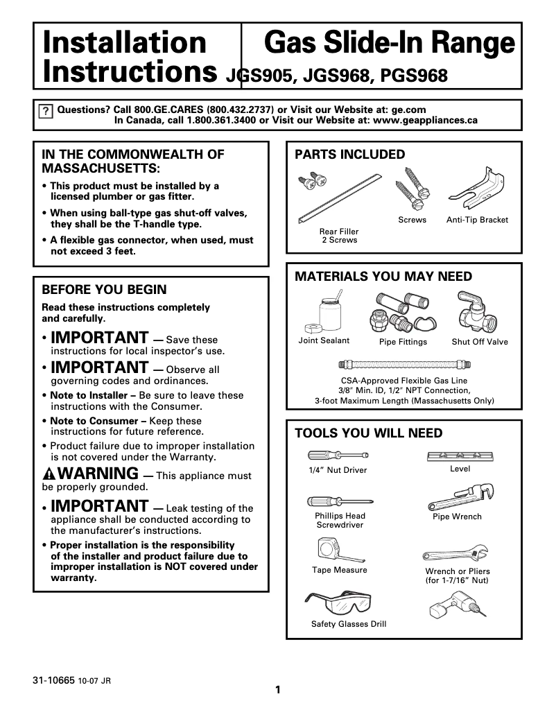 Page n°1 - Guide d'installation GE JGS905BEKBB