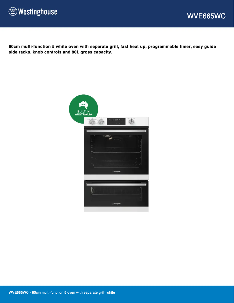 Page 1 de la notice Fiche technique Westinghouse WVE665WC
