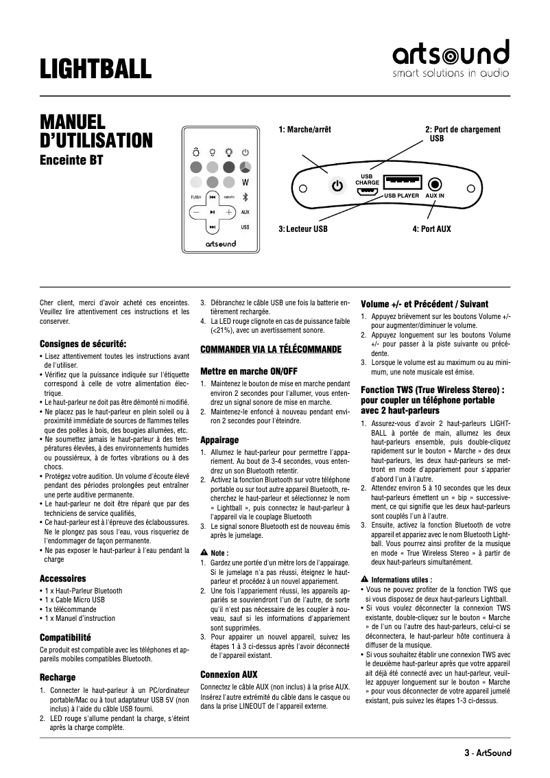 Page n°1 - Manuel utilisateur Artsound Lightbal