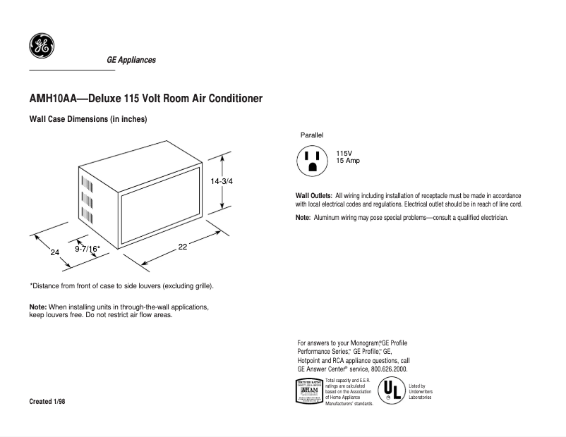 Page n°1 - Fiche technique GE AMH10AA