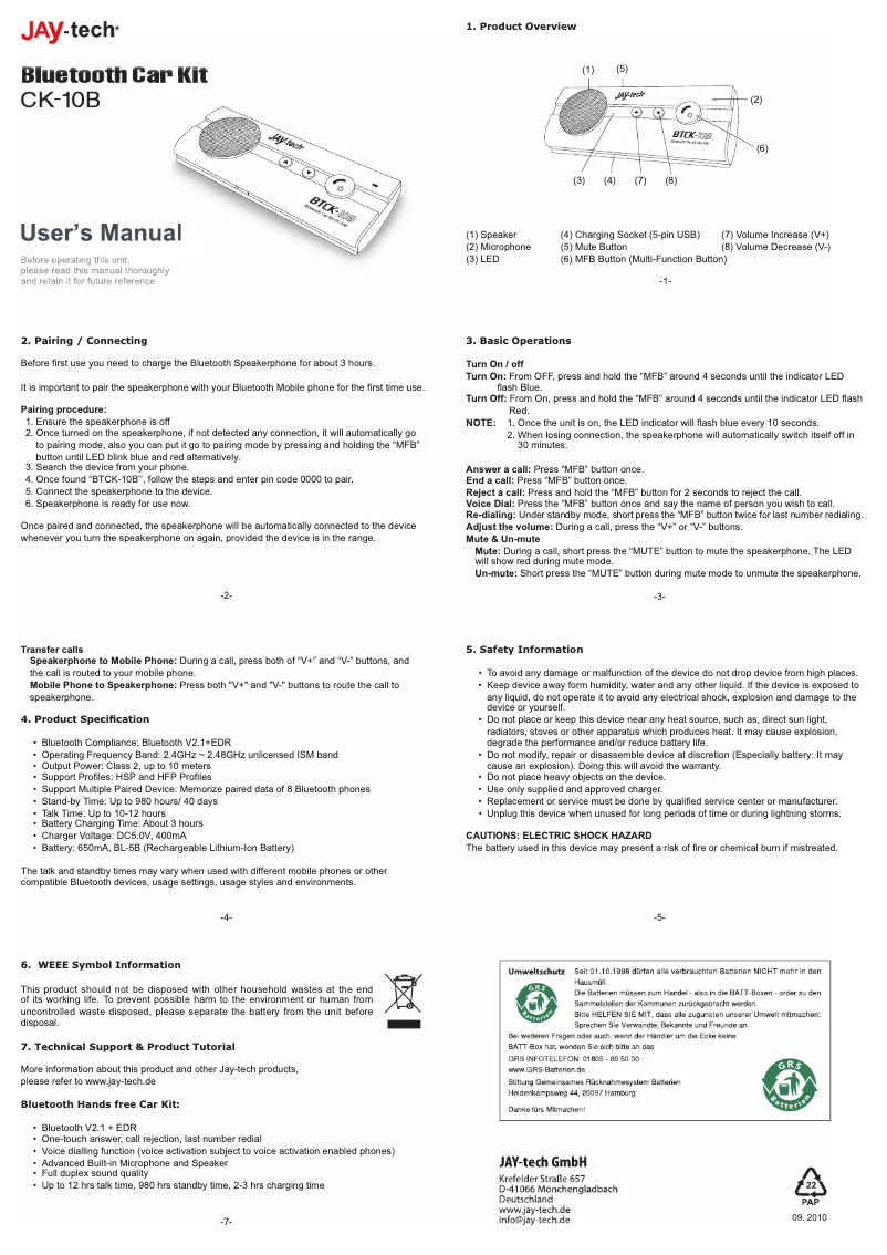 Page 1 de la notice Manuel utilisateur Jay-Tech CK-10B