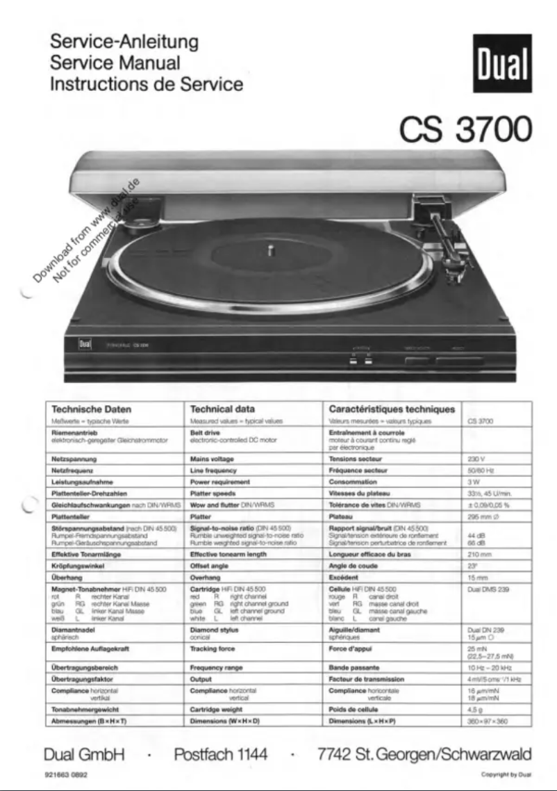 Page n°1 - Manuel utilisateur Dual CS 3700