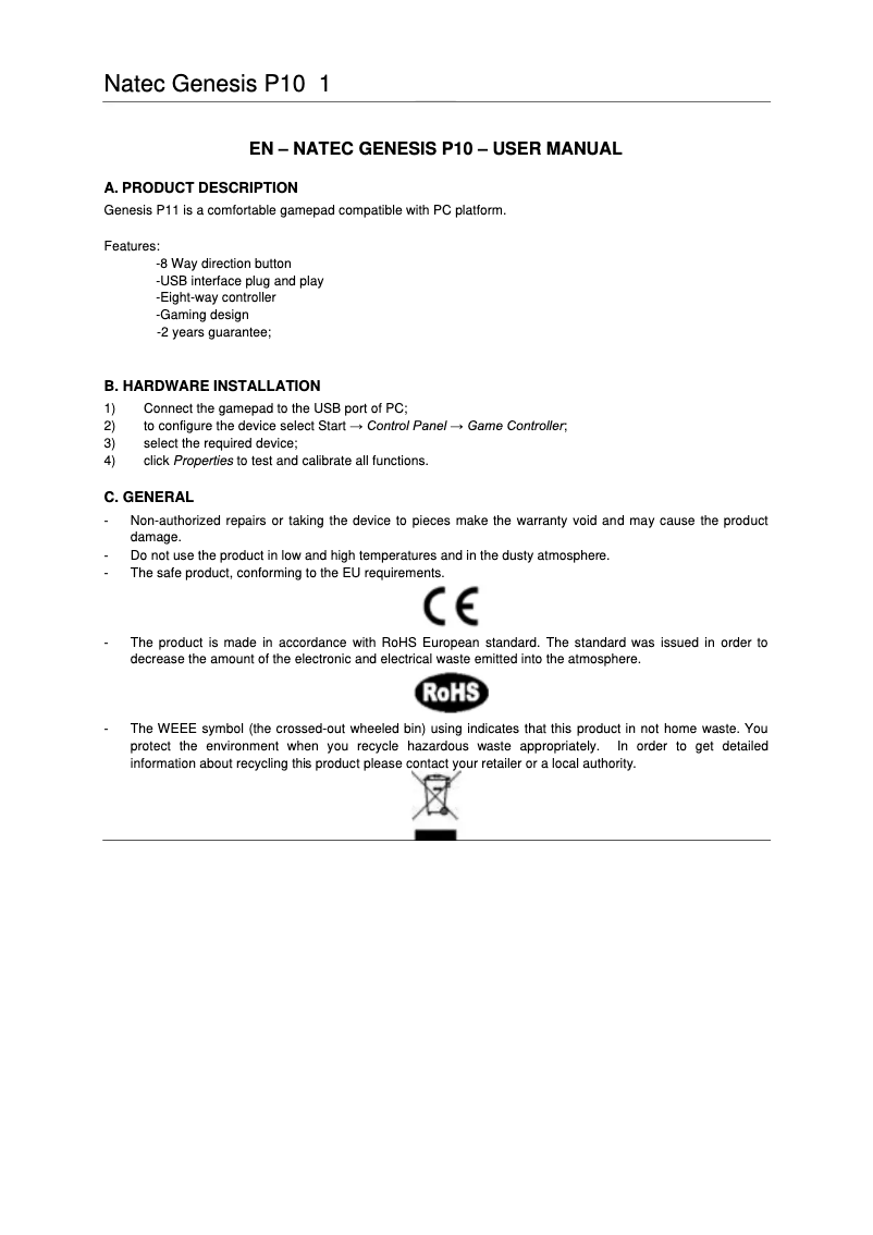 Page n°1 - Manuel utilisateur Genesis P10