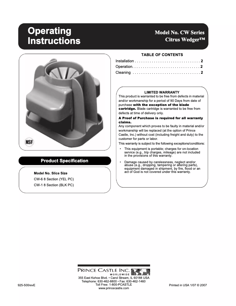 Page 1 de la notice Manuel utilisateur Prince Castle CW-6