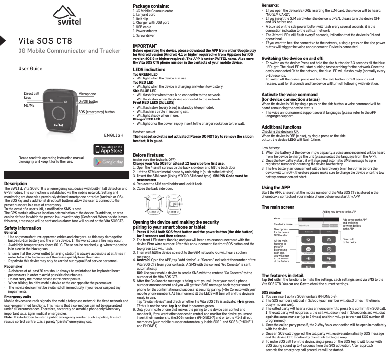Page 1 de la notice Manuel utilisateur Switel Vita SOS CT8