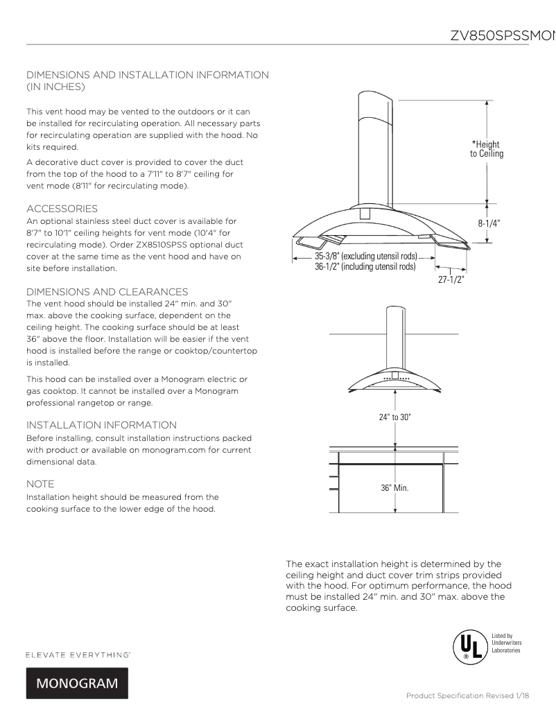 Page 1 de la notice Fiche technique Monogram ZV850SPSS