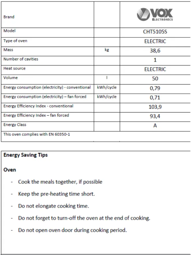 Page 1 of the manual Technical Sheet VOX CHT 5105 S