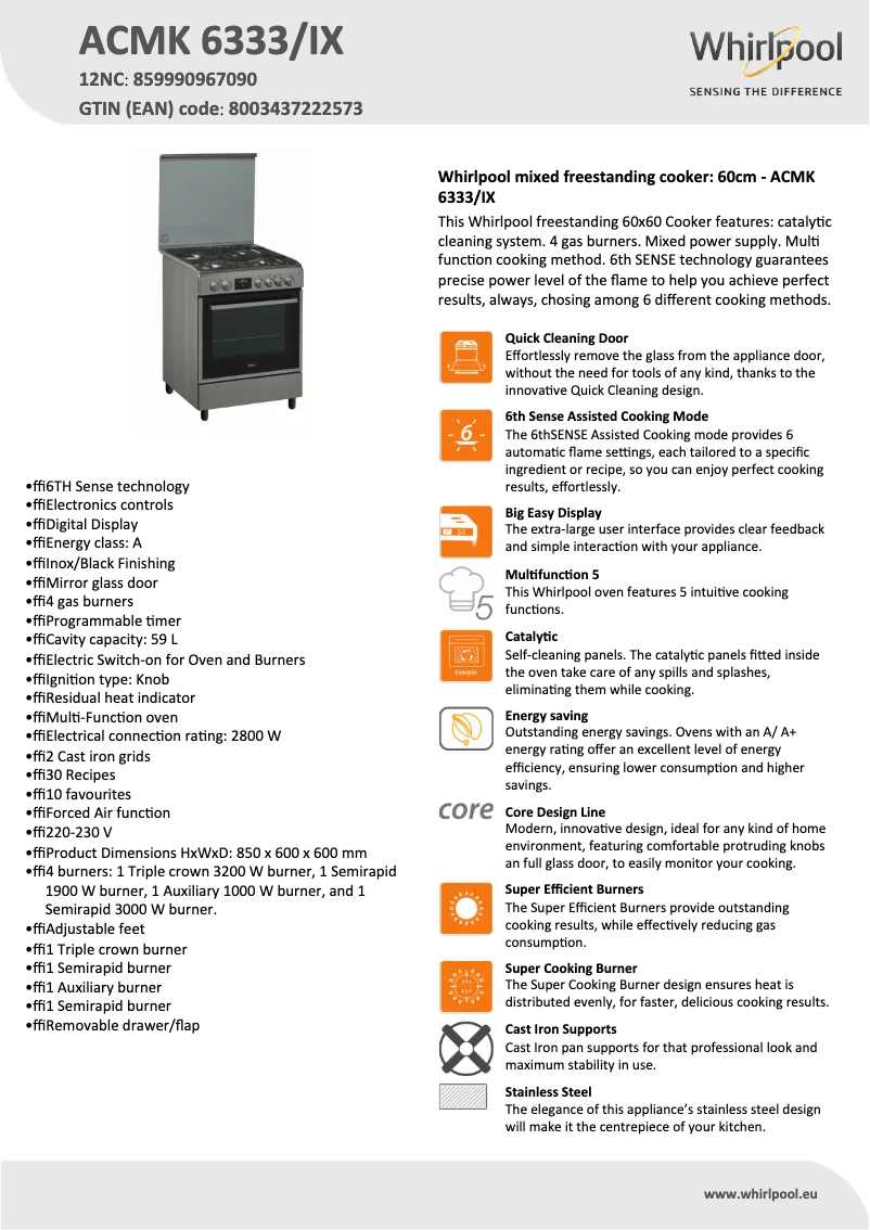 Page 1 de la notice Fiche technique Whirlpool ACMK 6333/IX
