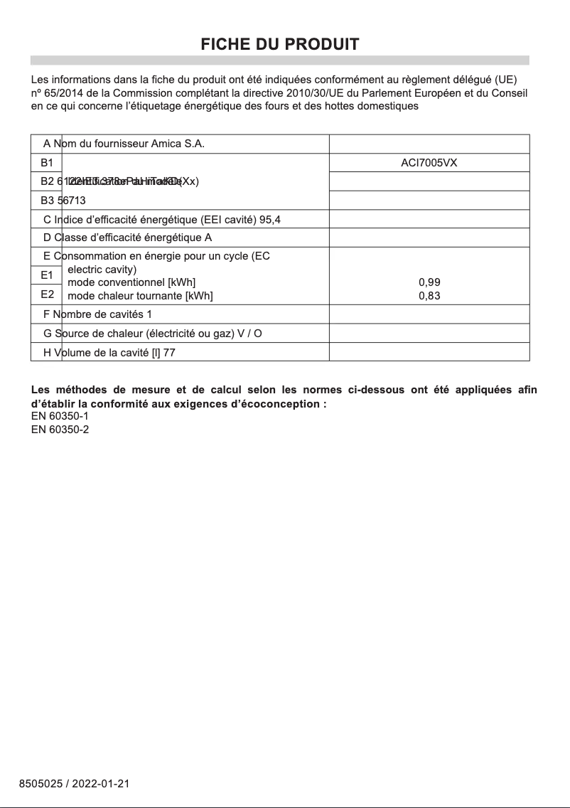 Page 1 de la notice Fiche technique Amica ACI7005VX