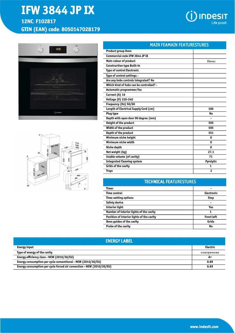 Page n°1 - Fiche technique Indesit IFW 3844 JP IX