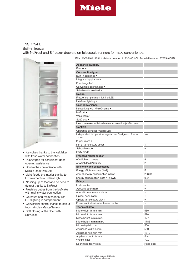 Page 1 de la notice Fiche technique Miele FNS 7794 E