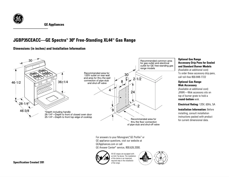 Page 1 de la notice Fiche technique GE Spectra JGBP35CEACC