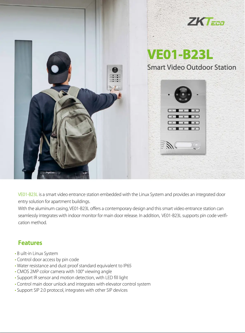 Page 1 de la notice Fiche technique ZKTeco VE01-B23L