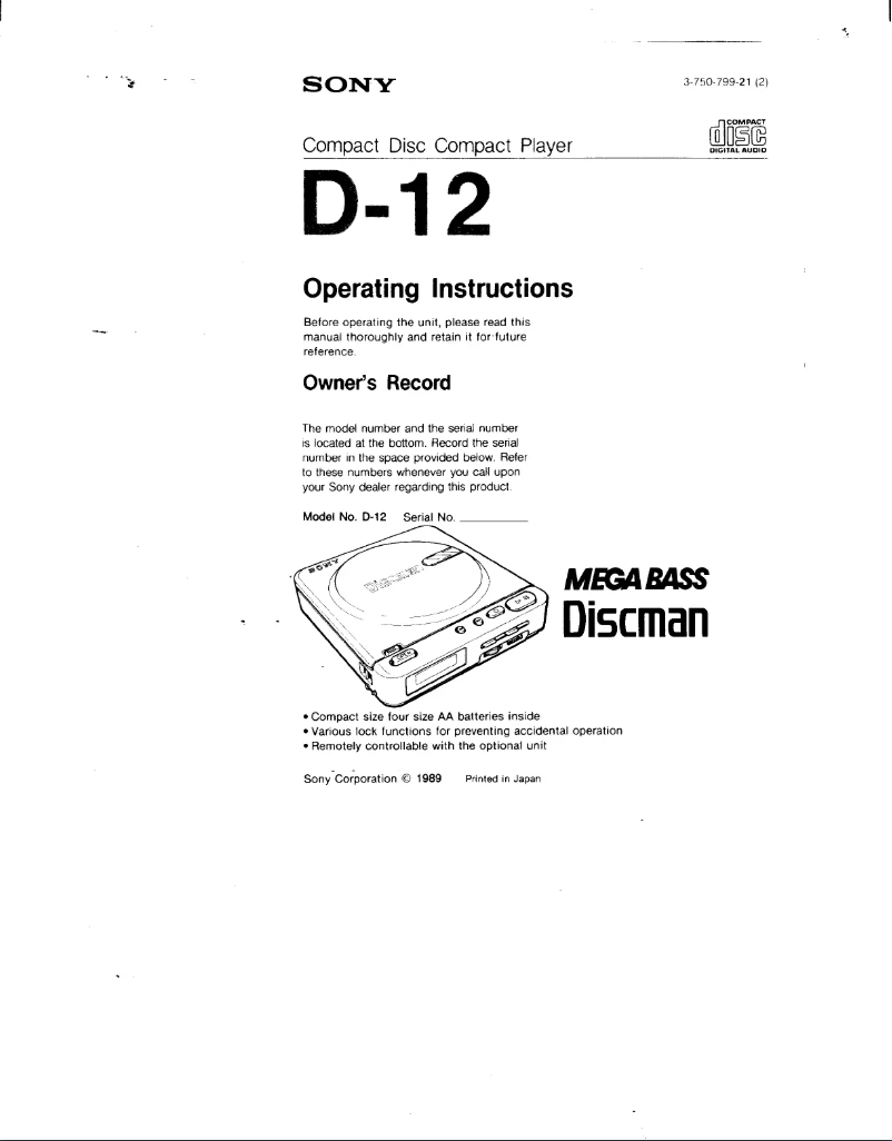 Image de la première page du manuel de l'appareil Discman D-12