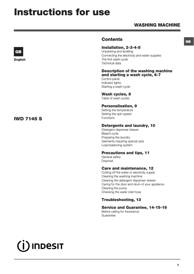 Page 1 de la notice Manuel utilisateur Indesit IWD 7145 S (UK)