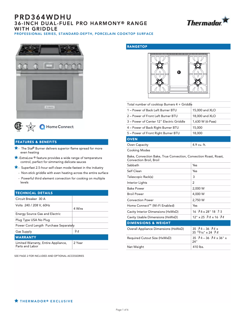 Page n°1 - Fiche technique Thermador PRD364WDHU