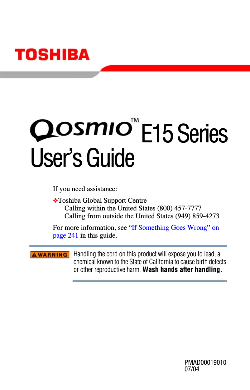 Page 1 de la notice Manuel utilisateur Toshiba Qosmio E15